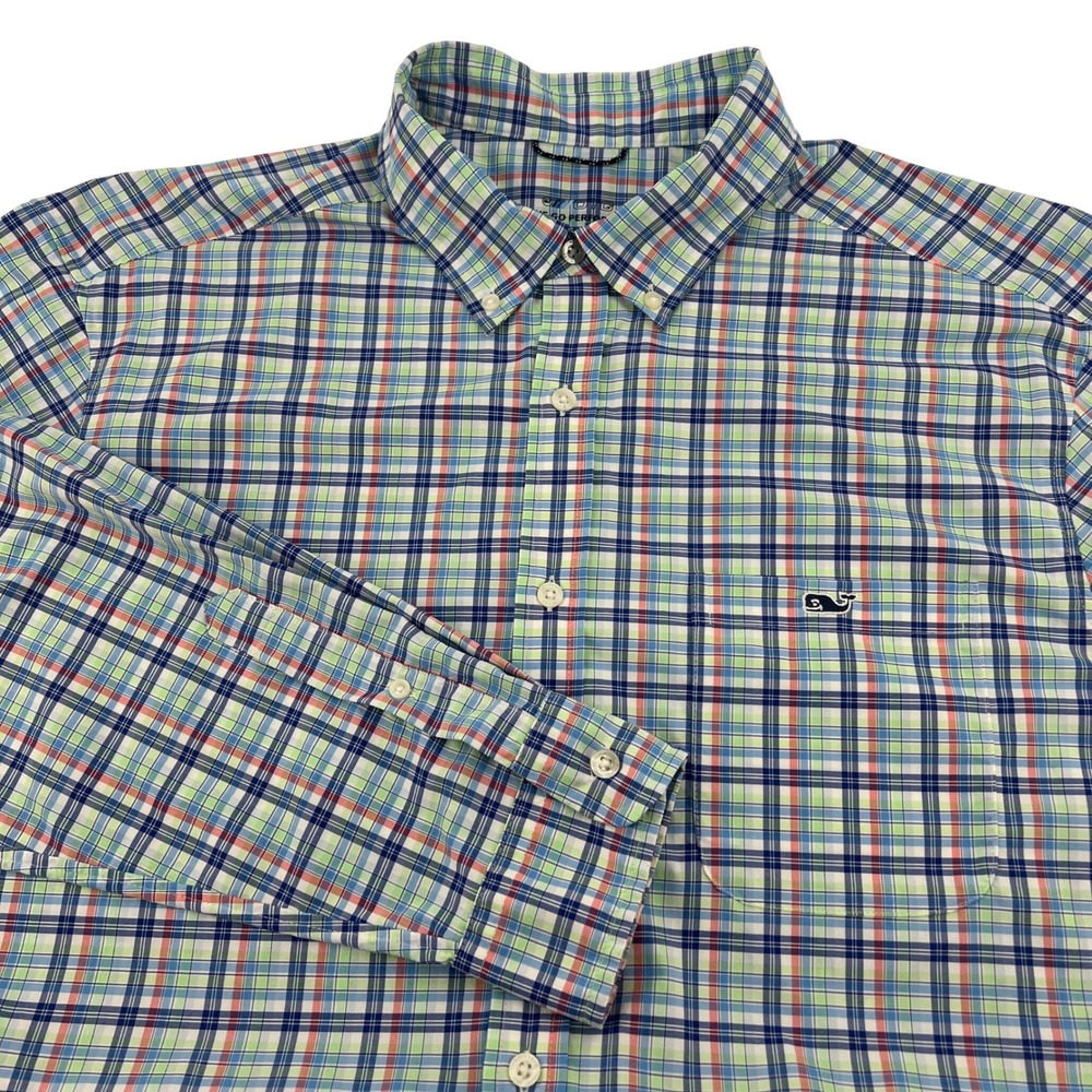 Vineyard Vines On-The-Go Performance Plaid Shirt Mens XL Blue Green Stretch OTG